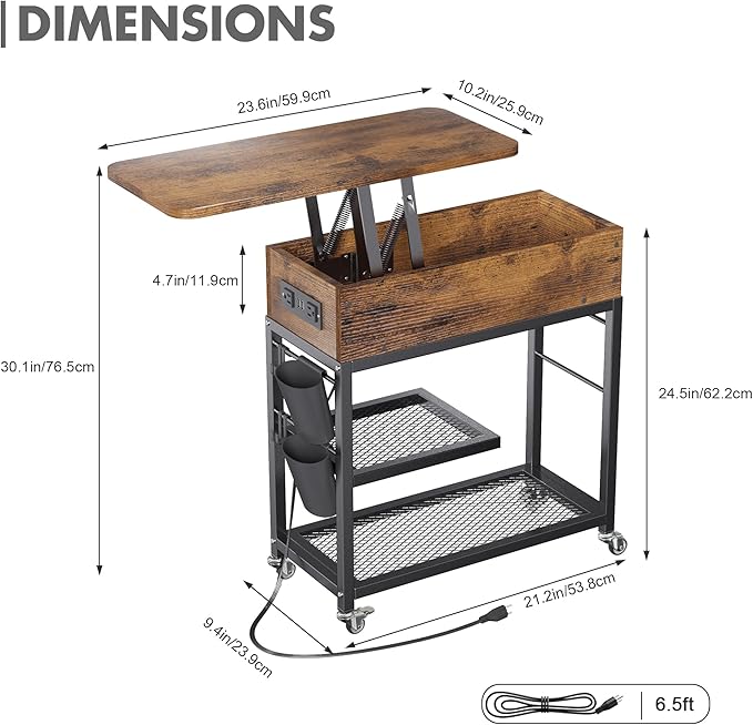 Colima Lift Top End Table with Charging Station and Wheels, Sofa Side Table with USB Port & AC Outlets, Movable Bedside Nightstand with Side Bag for Office Living Room Bedroom(Rustic Wood)