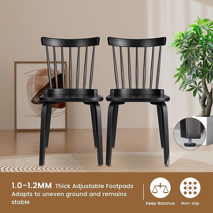 Unovivy Wood Dining Chairs Set of 6, Windsor Farmhouse Spindle Back, Widen Seat, Modern Mid-Century Country Style, for Living Room Restaurant, Black