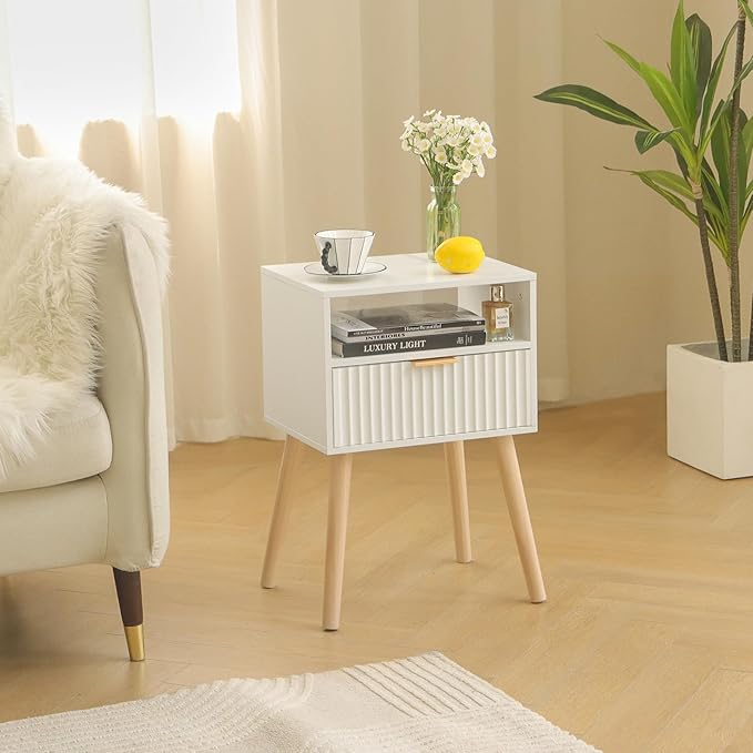Night Stand, White Bedside Table with Drawers and Open Shelf, Fluted Nightstand with Solid Wood Legs for Bedroom, Dorm and Small Space (White)