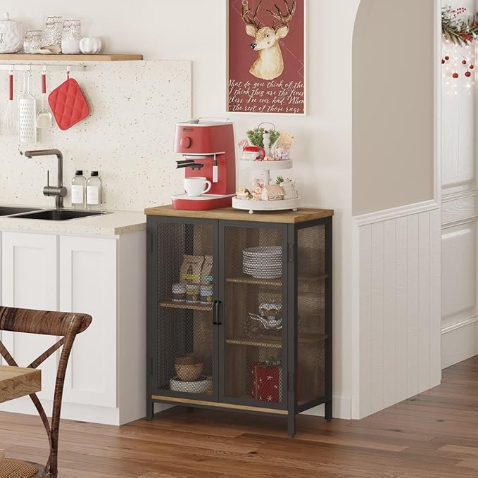 BON AUGURE Coffee Bar Cabinet with Storage for Home Kitchen, Rustic Liquor Cabinet for Entryway, Small Industrial Buffet Sideboard Cabinets for Dining Room (Vintage Oak)