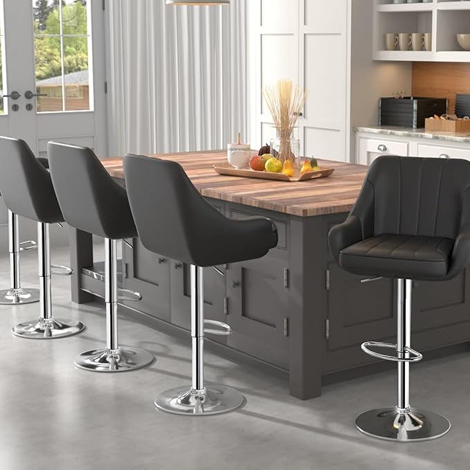 VECELO Bar Stools Set of 4, Adjustable Barstools, Counter Height Stools with Back and Arm, Kitchen Island Stools, Swivel PU Chairs for Pub, Dining Room, Modern Style, PU Black