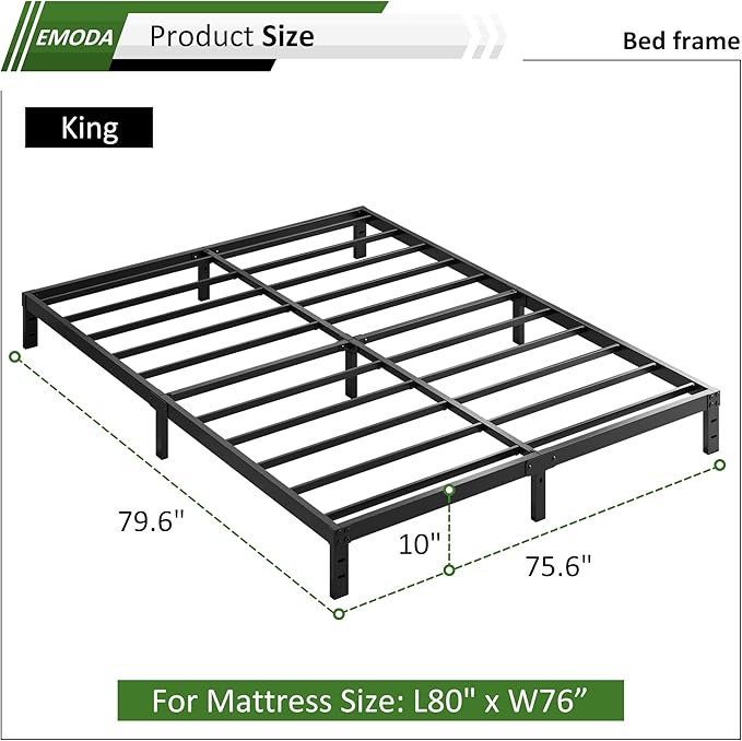EMODA 10 Inch King Bed Frame No Box Spring Needed, Heavy Duty Metal Platform with Steel Slats, Noise Free, Easy Assembly, Black