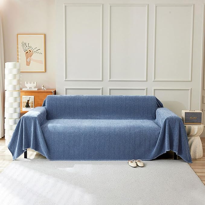 STACYPIK Durable Simple Blue Sofa Cover for Pets Kids Textured Herringbone Chenille Couch Covers for 3 Cushion Couch L Shape Couch Cover Versatile Protector Cover Multi-Use Blanket Washable-91X150IN