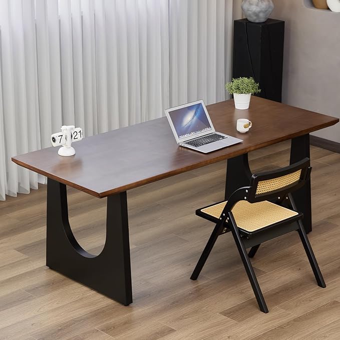 Wooden Executive Office Desk Computer Table Multi-Sized High Cost Performance Stylish Design Metal Legs Versatile Use for Office or Dining Casual Table (Walnut Color, 55.12in)