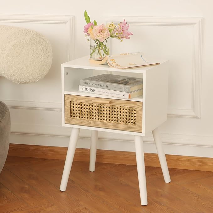 MaxSmeo White Nightstand with Drawer, Mid Century Modern Nightstand, Rattan Side Table, End Table with Storage for Living Room, Bedroom and Small Spaces, Easy Assembly (White)