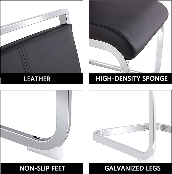 Dining Chairs Set, Kitchen Modern Metal Chairs with Faux Leather Padded Seat High Back and Sturdy Chrome Legs, Chairs for Dining Room (Black, Set of 2)
