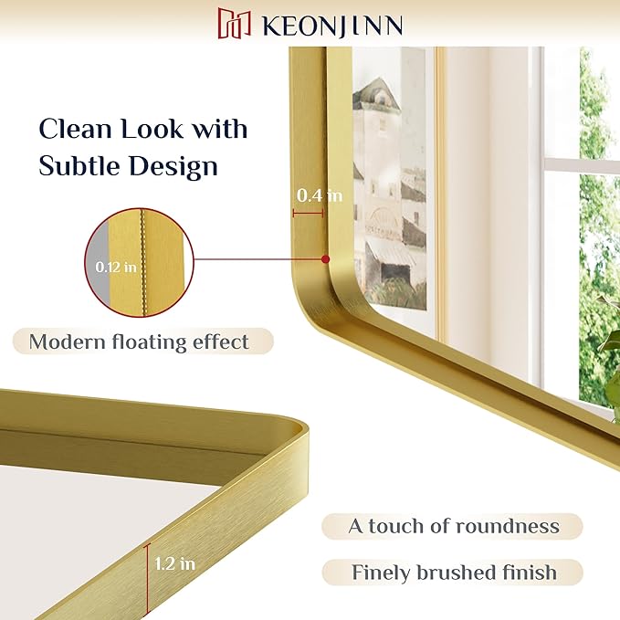 Keonjinn Gold Bathroom Mirrors for Over Sink 42” x 36” Large Brushed Brass Metal Framed Mirror, Rounded Rectangle Bathroom Vanity Mirror, HD Tempered Glass Modern Mirror for Wall(Horizontal/Vertical)