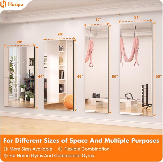 Hasipu Home Gym Mirror 48" L x 30" W - 1PC Large Full Body Mirror for Yoga, Wall-Mounted Mirrors for Fitness, Garage, Dance Studio, 0.16in Tempered Glass Frameless