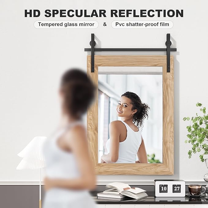 Hasipu Farmhouse Bathroom Mirror, 18"x26" Rustic Wood Framed Wall Mounted Mirror, Brown Vintage Vanity Mirror Barn Door Style Decrative Mirrors