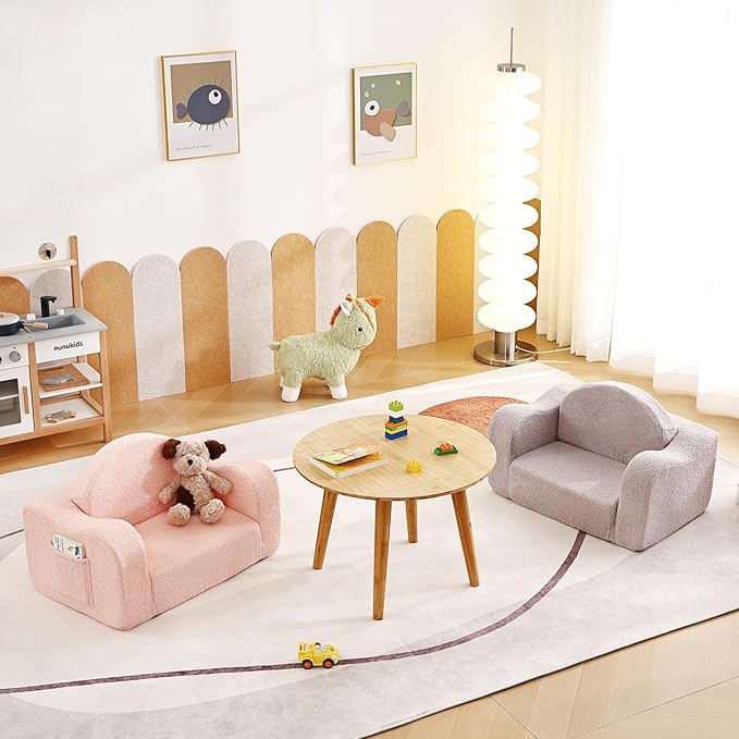 Tiita Kids Chair Couch, Folding Toddler Comfy Sofa Chairs, 2-in-1 Kids Plush Sofa Fold Out, Baby Armrest Chair Sofa to Lounger, Convertible Play Sofas to Bed for Girl or Boy, Pink