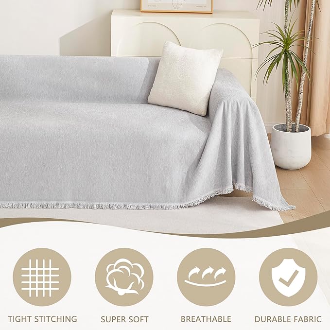 MYSKY HOME Sofa Cover for Dogs, Washable Boho Couch Cover Blanket, Thick Durable Tassel Water Resistant Furniture Protector, 71"x 118", Light Grey