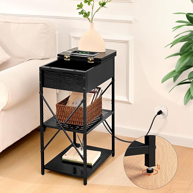 Narrow Side Table with Charging Station, End Tables Set of 2 for Small Spaces, Flip Top End Table with Storage, Black End Tables Living Room, Nightstand Set 2 with Drawer for Bedroom