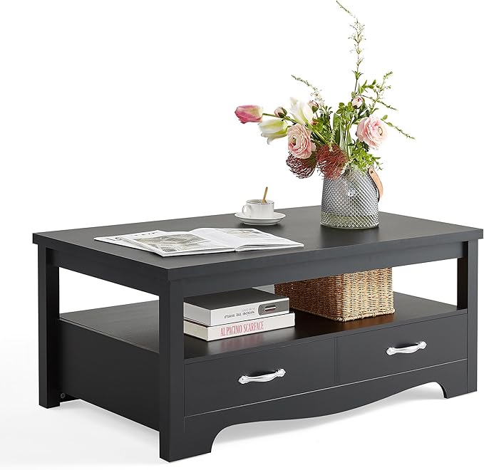 LINSY HOME Farmhouse Coffee Table with Storage, Wood Coffee Table for Living Room, Open Display Area and Storage Drawers with Metal Handles, Chic Style with Curved Base, Black