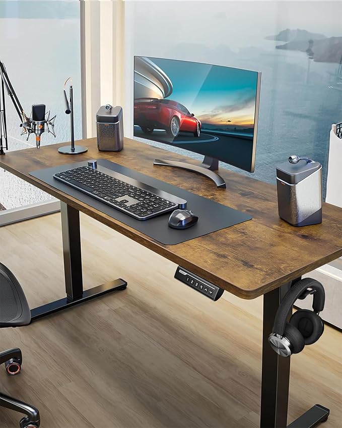 ErGear Height Adjustable Electric Standing Desk, 55 x 28 Inches Sit Stand up Desk, Large Memory Computer Home Office Desk with Two-Piece Desktop (Vintage Brown)