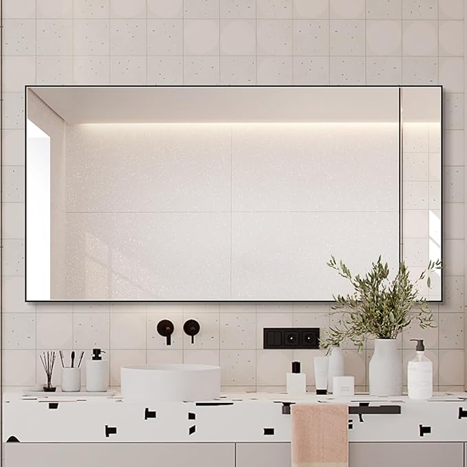 Black Bathroom Mirror for Wall, Rectangle Mirrors with Metal Frame, Modern Vanity Wall Mirror Decor for Entryway Hangs, Bathroom Living Room Horizontal or Vertical (Black, 48" L x 30" W)