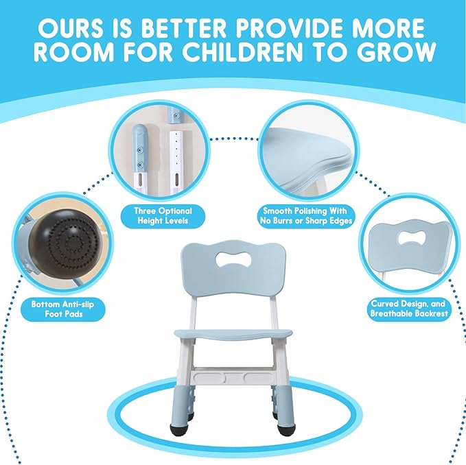 Kids Height Adjustable Toddler Chair Max Load 220LBS Plastic Indoor Outdoor for Children Age 1-6 School Home Daycare Use Bluegrey