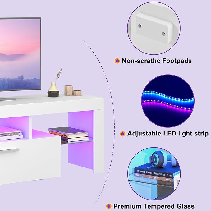 Clikuutory Modern Lighting 51 inch TV Stand with Large Storage Drawer for 32 40 50 55 Inch TVs, TV Console with 20 Color LED Lights, Entertainment Center Media and Open Shelf for Bedroom, White