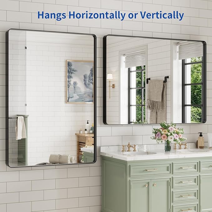 WEER Black Bathroom Mirror for Wall, 48X40 Inch Matte Black Mirror, Rectangular Black Metal Framed Vanity Mirror with Tempered Glass, Rounded Corner, Anti-Rust (Horizontal/Vertical)