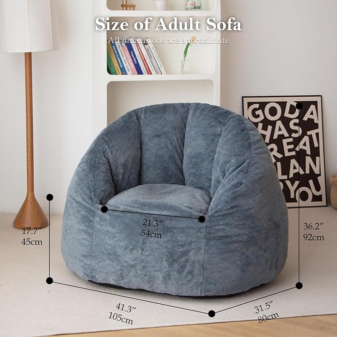 N&V Large Shell Bean Bag Chair, Adult Size Bean Bag Sack, Foam Filling, Includes Removable and Machine Washable Cover, 40in, Soft Faux Fur, Blue