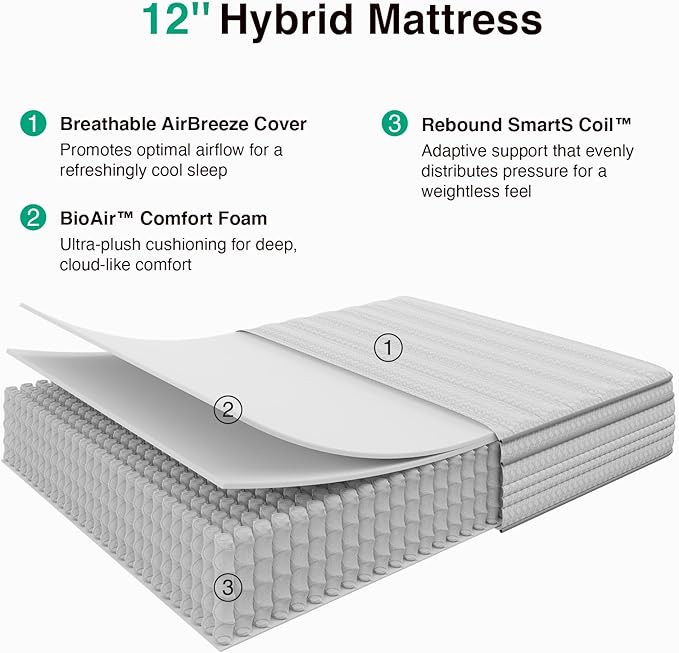 Novilla Queen Mattress, 12 Inch Queen Size Mattresses in a Box with Smarts™ Pocket Coil for Pressure Relief, Medium Firm Foam and Spring Hybrid Colchones with CertiPUR-US Certified
