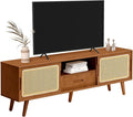 HollyHOME Bamboo TV Stand with Storage for TVs up to 65", Modern Entertainment Center with Rattan and Drawer, Accent TV Table with 2 Shelf, Media Console Cabinet for Living Room, Bedroom, Walnut