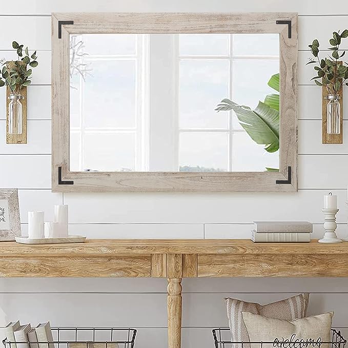 YOSHOOT Rustic Wooden Framed Wall Mirror, Natural Wood Bathroom Vanity Mirror for Farmhouse Decor, Vertical or Horizontal Hanging, 60" x 36", Grey