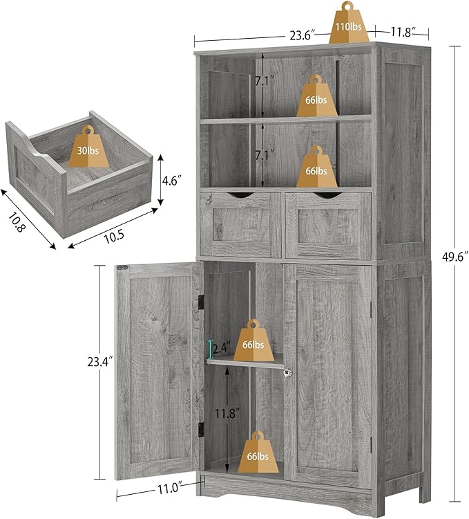 Iwell Tall Storage Cabinet with 2 Drawers & Adjustable Shelf, Bathroom Cabinet with Doors, Cupboard, Kitchen Cabinets for Living Room, Dining Room, Entryway, Grey