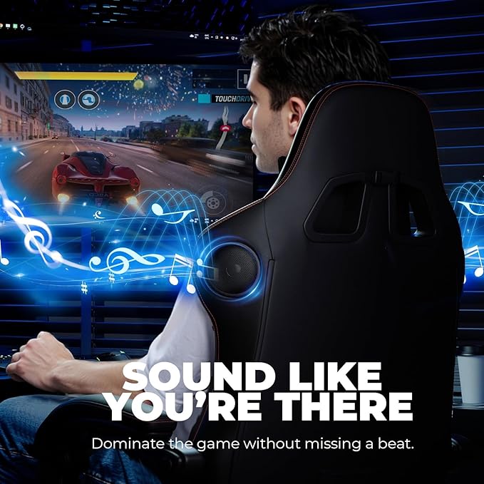 GTPLAYER ACE-PRO Music Gaming Chairs – Built-in Speakers, App Support & Bluetooth Control, Footrest & Pocket, Gamer Chair for Adults, Black & Red Stitch
