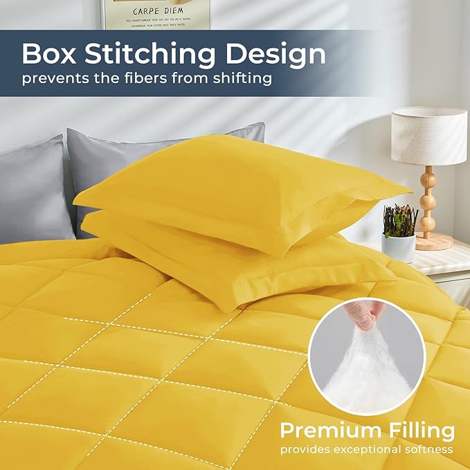 HEVUMYI Queen Comforter Set - 7-Piece All Season Bed in a Bag Queen, Ultra Soft Bedding Set with Comforter, Flat Sheet, Fitted Sheet, Pillowcases, Pillow Shams, Yellow & Light Grey