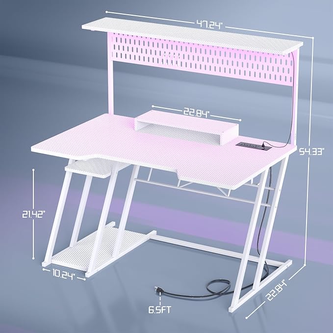 Armocity Gaming Computer Desk with Power Outlets, Gaming Desk with Hutch and LED Lights, Reversible PC Gaming Desk with Pegboard, Carbon Fiber White, 47"