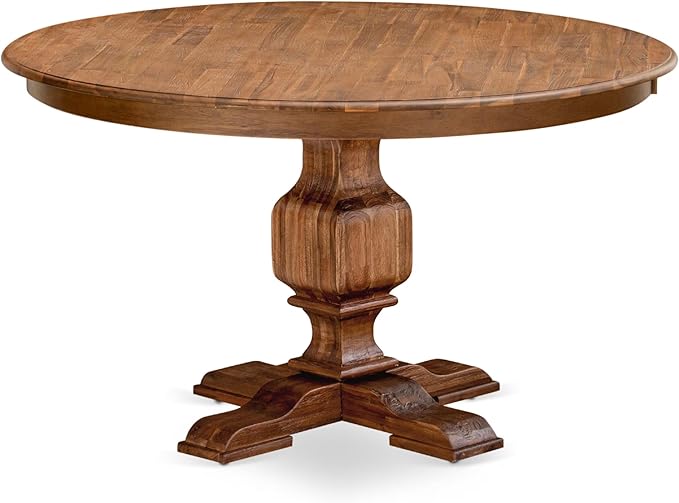 F3MZ7-50N-04 7-Pc Kitchen Table Set Includes a Pedestal Table and 6 Light Tan Polyester Dining Room Chairs with Padded Back - Antique Walnut