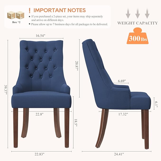 COLAMY Wingback Upholstered Side Dining Room Chairs Set of 4, Fabric Dining Chairs with Tufted Button, Living Room Chairs for Home Kitchen, Blue