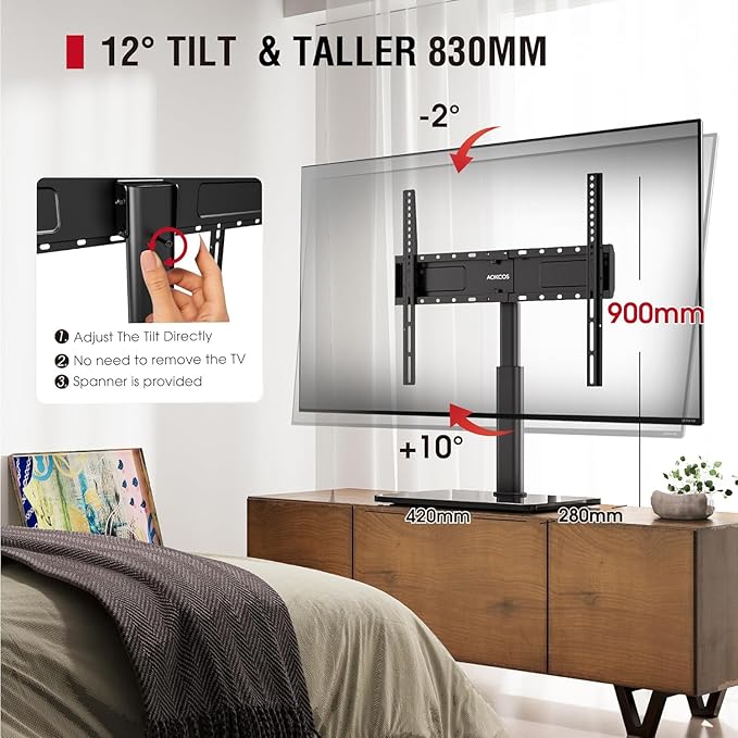 Swivel Universal TV Stand for 32-75 inch TVs with Tilt Down/Up, 8 Levels Height Adjustable Table Top TV Mount Stand with Stable Heavy Duty Tempered Glass Base, MAX VESA 600x400 mm, up to 99lbs, Black