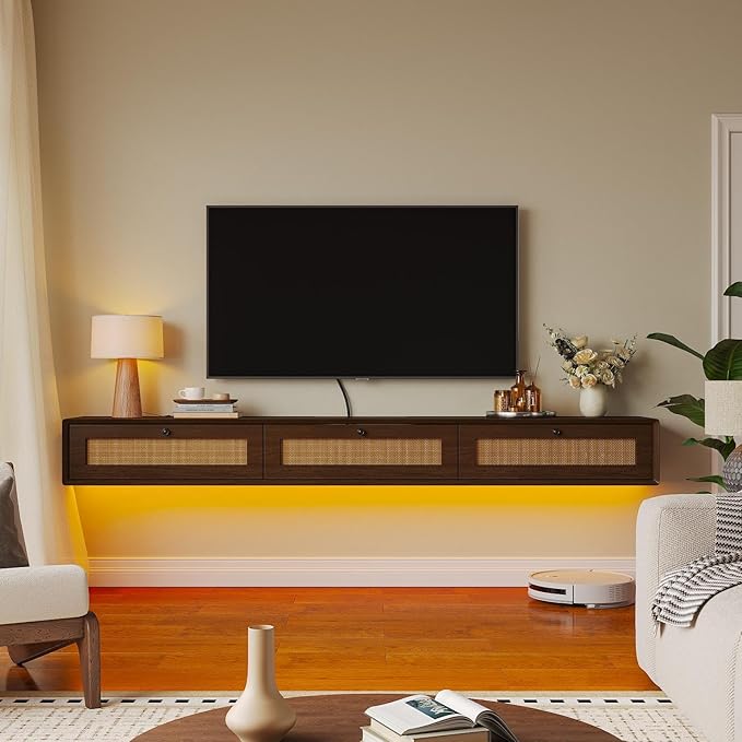 Fully-Assembled Floating TV Stand with 3 Rattan Doors, Rustic Floating Entertainment Center Under TV Shelf, Modern Large Storage Wall Mounted Media Console for Living Room Bedroom 78IN