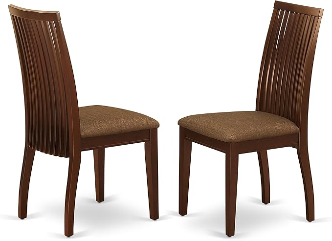 East West Furniture ESIP3-MAH-C 3 Piece Modern Dining Table Set Contains a Round Wooden Table with Pedestal and 2 Linen Fabric Upholstered Dining Chairs, 30x30 Inch, Mahogany