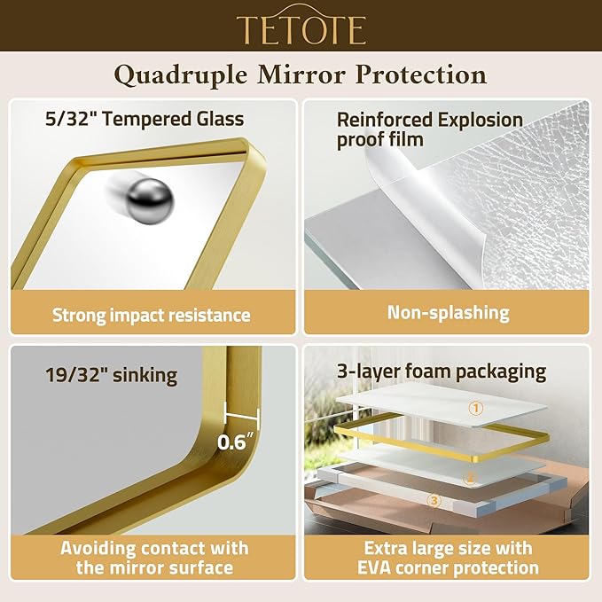 TETOTE 60 x 36 Gold Mirror Brushed Gold Metal Framed Bathroom Mirror, Tempered Glass, Modern Farmhouse Wall Mounted Mirror for Decorative(Horizontal/Vertical)