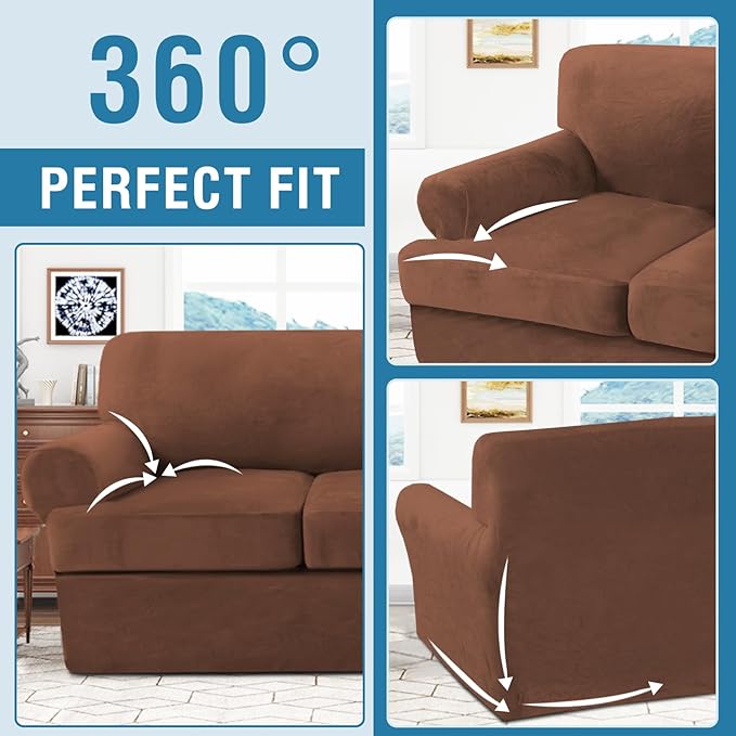 H.VERSAILTEX Sofa Cover 3 Piece T Cushion Loveseat Slipcovers Thick Velvet Couch Cover Stretch T Cushion Sofa Covers for 2 Cushion Couch with 2 Individual T Cushion Covers Washable, Caramel
