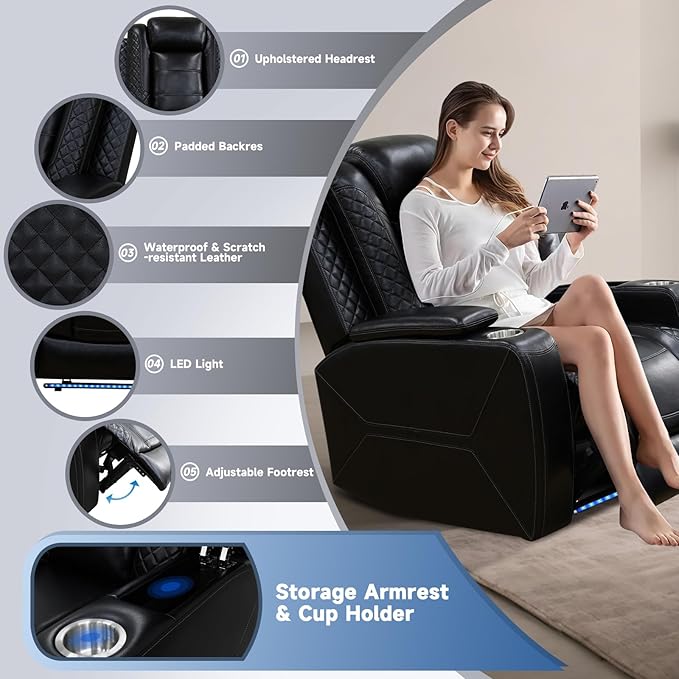 PU Leather Power Wall Hugger Chair Double Reclining Sectional Sofa 2-Seater Loveseat Couch with Center Storage Console & Armrests, USB Port, 4 Cup Holders and LED Light for Living Room RV Theater