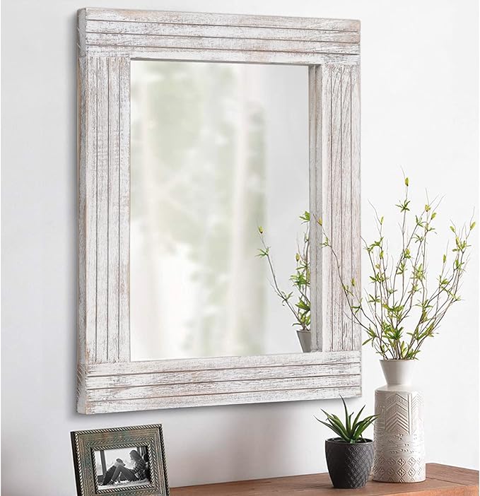 Wall Mirror Rustic Wooden Frame Rectangle Mirror Vintage Hanging Mirror for Bedroom Bathroom Living Room Farmhouse Wall Decor Large 26" x 18"