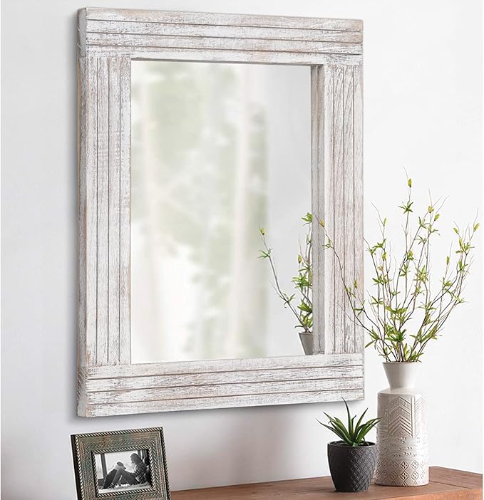 Mirrors for Wall Rustic Wooden Frame Rectangle Mirror Vintage Hanging Mirror for Bedroom Bathroom Living Room Farmhouse Wall Decor White Large 20" x 16 "