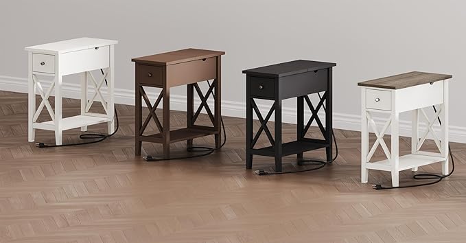 ChooChoo Farmhouse End Table with Charging Station, Accent Small Side Table Nightstand for Living Room, Bedroom, and Small Spaces - Soft White