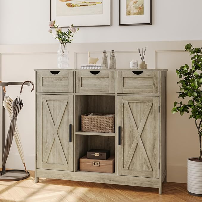 Storage Cabinet, Coffee Bar Cabinet with 2 Adjustable Shelves, 3 Drawers, and 2 Doors, for Bathroom, Kitchen, Living Room (Gray)
