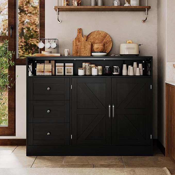 47" Farmhouse Sideboard Buffet Cabinet with Storage & Built-in Power Outlet,Coffee Bar Table Kitchen Buffet Cabinet with 3 Drawers and Barn Doors, Adjustable Shelves for Living Room Dining Room Black