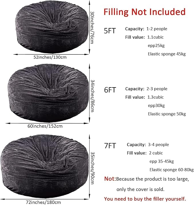 Giant Fur Bean Bag Chair Cover for Kids Adults, (No Filler) Living Room Furniture Big Round Soft Fluffy Faux Fur Beanbag Lazy Sofa Bed Cover (Grey, 7FT)