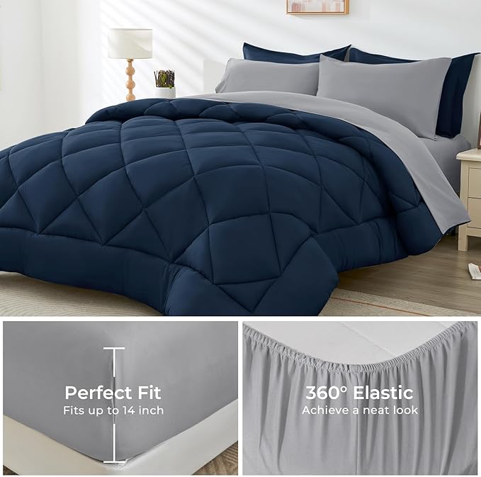 HEVUMYI Queen Comforter Set - 7-Piece All Season Bed in a Bag Queen, Ultra Soft Bedding Set with Comforter, Flat Sheet, Fitted Sheet, Pillowcases, Pillow Shams, Navy Blue & Light Grey