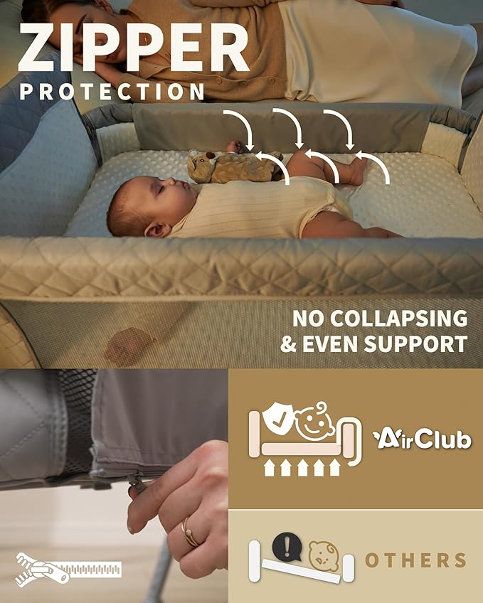 AirClub Bassinet Bedside Sleeper, Baby Crib for Newborn, Baby Bassinets Bedside Sleeper with 4 Auto-Lock & Adjustable Height, Breathable Mesh & Mattress, Bedside Bassinet