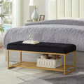 24KF Black Velvet Upholstered End of Bed Bench with Metal Shelf, Modern Tufted Channel Entryway Bench Footboard Bench for Living Room, Bedroom, Gold Bench,5036-Black