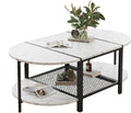 SENIG Oval Coffee Table with Faux Marble Top, 2-Tier Storage Shelf and Metal Frame, Living Room Center Table Modern, White Marble Finish