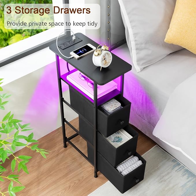 Narrow End Tables Living Room Set of 2 with Charging Station, Skinny Side Table with Fabric Drawers, Slim LED Nightstand for Bedroom, Small Spaces, Couch, Black, HETNDP03LBK