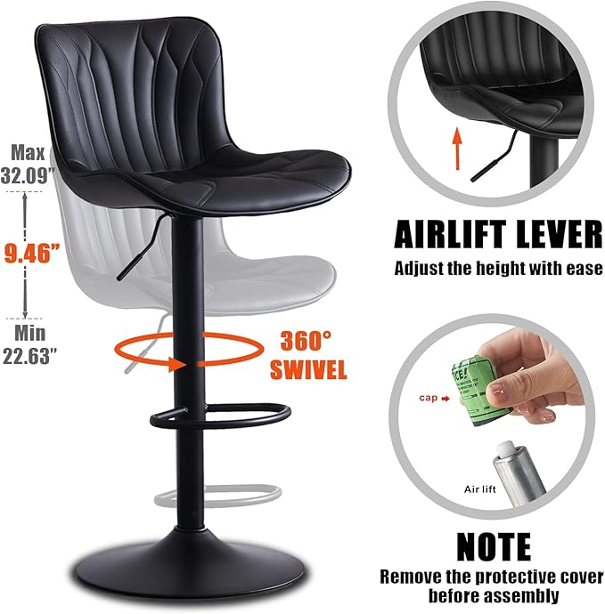 YOUNIKE Black Bar Stools Set of 2 Upholstered Modern Swivel Counter Height Bar Chair with Back Adjustable Kitchen Island Tall Faux Leather Padded Barstools Metal Breakfast